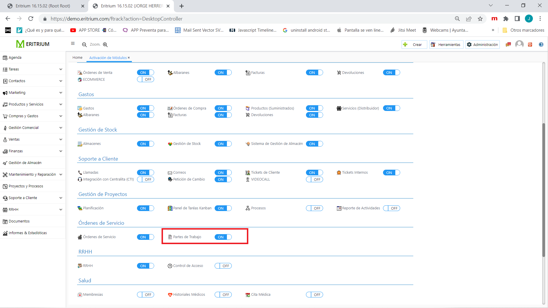 Mantenimento - Activar Partes de Trabajo